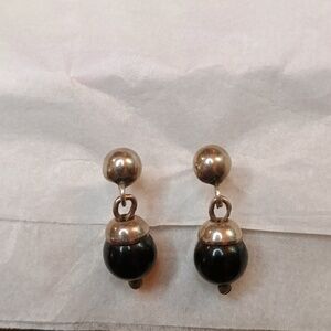 Black and Silver small Ball drop earrings pierced ears 925 Sterling silver